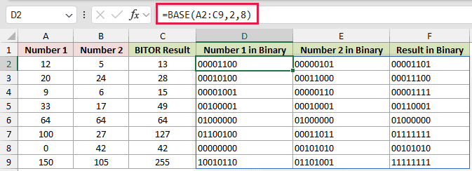 =BASE(A2:C9,2,8) in D2