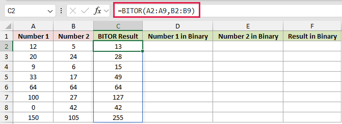 =BITOR(A2:A9,B2:B9) in C2