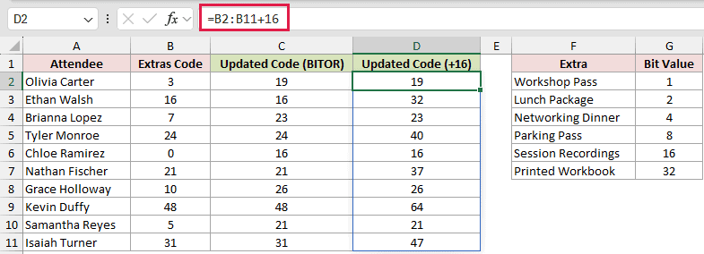 =B2:B11+16 in D2
