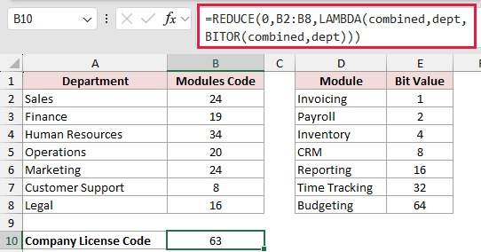 =REDUCE(0,B2:B8,LAMBDA(combined,dept,BITOR(combined,dept))) in B10
