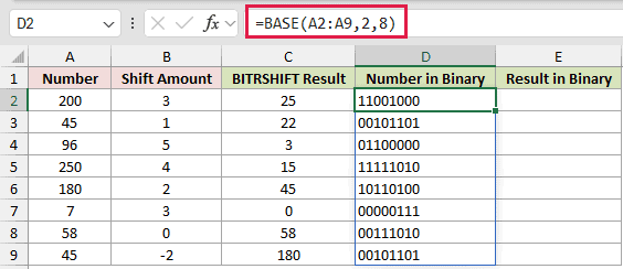 =BASE(A2:A9,2,8) in D2