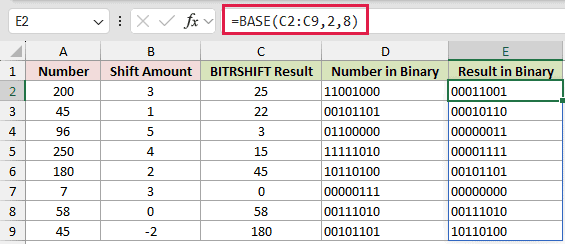 =BASE(C2:C9,2,8) in E2