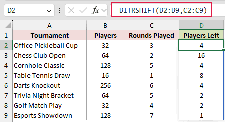 =BITRSHIFT(B2:B9,C2:C9) in D2