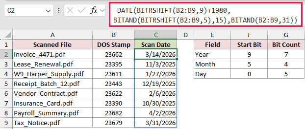 =DATE(BITRSHIFT(B2:B9,9)+1980,BITAND(BITRSHIFT(B2:B9,5),15),BITAND(B2:B9,31)) in C2