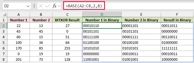 =BASE(A2:C8,2,8) in D2