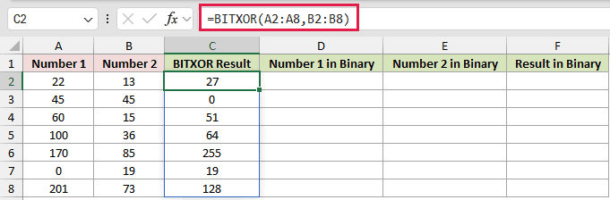 =BITXOR(A2:A8,B2:B8) in C2