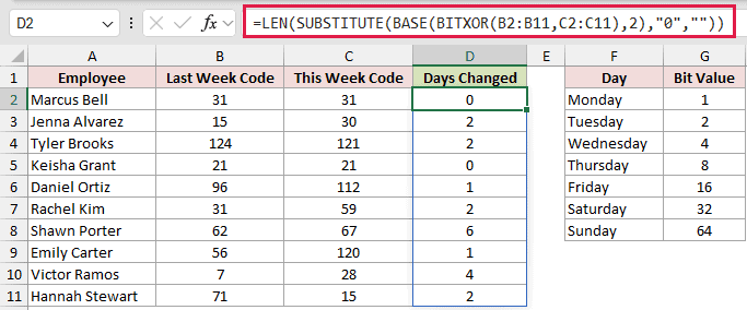 =LEN(SUBSTITUTE(BASE(BITXOR(B2:B11,C2:C11),2),"0","")) in D2