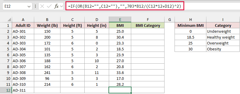 Blank-safe BMI formula in E12 that returns an empty cell for the unmeasured adult AD-311.