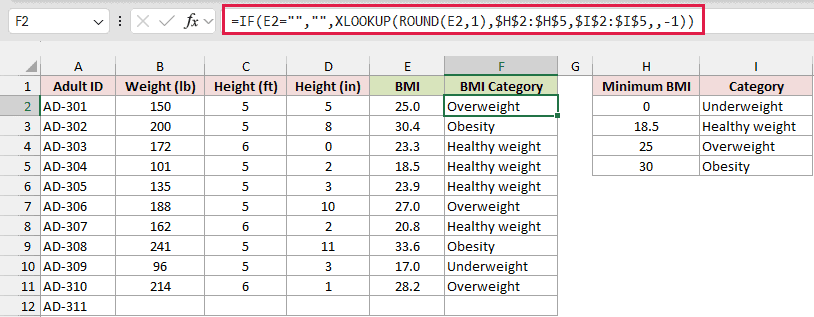XLOOKUP formula in F2 returning the CDC BMI category from the cutoff table.