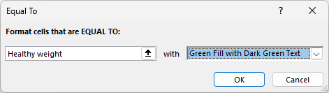 Equal To dialog set to Healthy weight with green fill and dark green text.