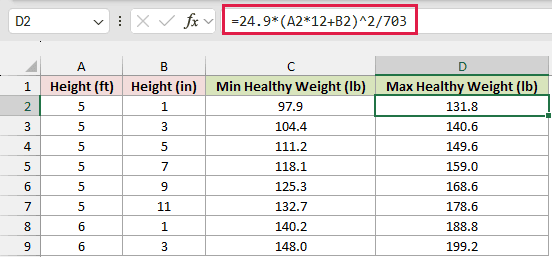 Formula in D2 calculating the maximum healthy weight in pounds for each height.