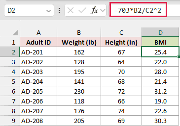703 BMI formula in D2 for pounds and inches, with BMI results in column D.