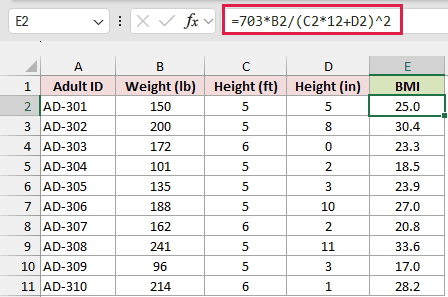BMI formula in E2 converting feet and inches to total inches, with BMI results in column E.