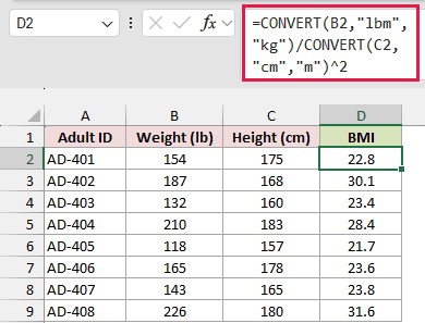 CONVERT-based BMI formula in D2 turning pounds into kilograms and centimeters into meters.