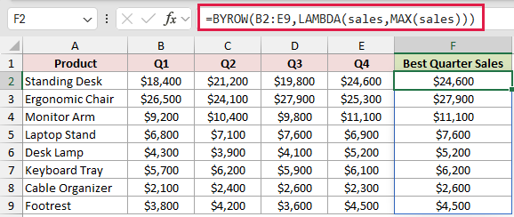 =BYROW(B2:E9,LAMBDA(sales,MAX(sales))) in F2
