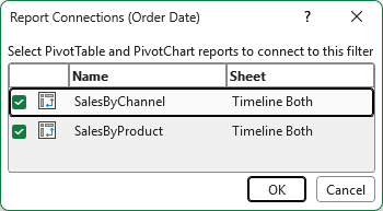 Report Connections dialog for the Order Date timeline