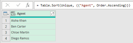 Power Query Editor showing the Agents query with four unique agents