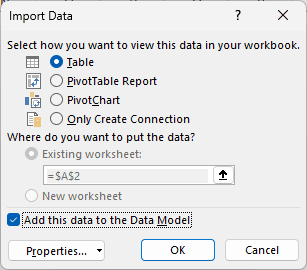Import Data dialog with Table and Add this data to the Data Model