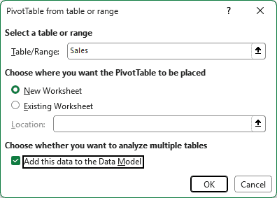 Create PivotTable dialog with Add this data to the Data Model checked