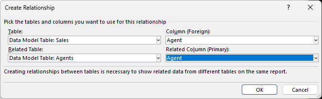 Create Relationship dialog linking Sales to Agents on Agent