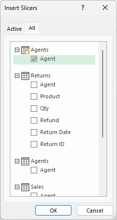 Insert Slicers dialog, All tab, Agent checked under Agents