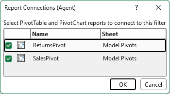 Report Connections dialog for the Data Model slicer