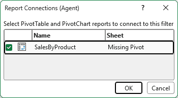 Report Connections dialog listing only one PivotTable