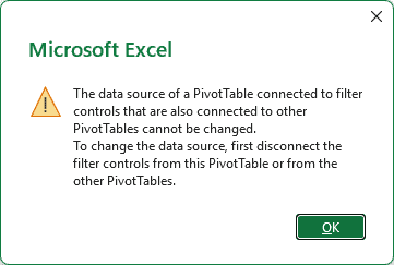 Excel error: disconnect the filter controls before changing the data source