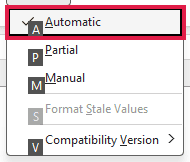 Calculation Options drop-down on the Formulas tab with Automatic highlighted