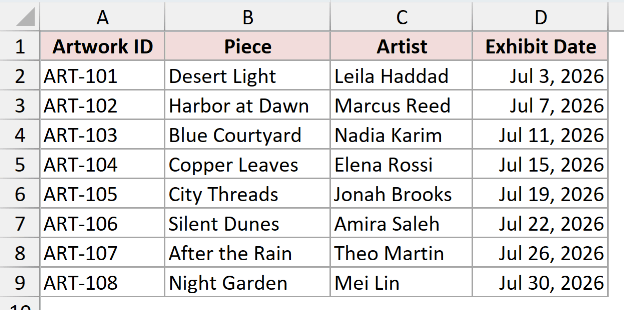 Art gallery exhibit list with artwork, artist, and exhibit date