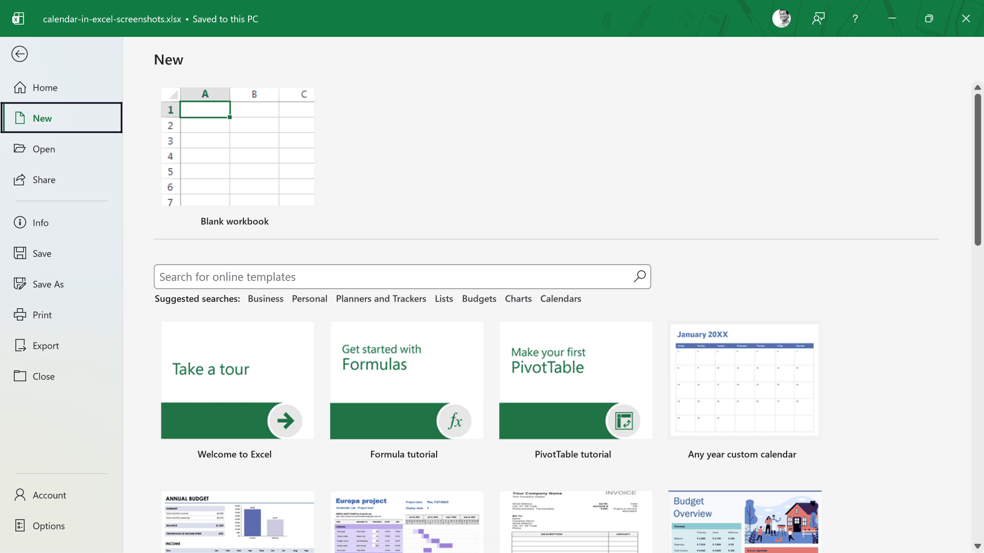 Excel New screen with the template search box