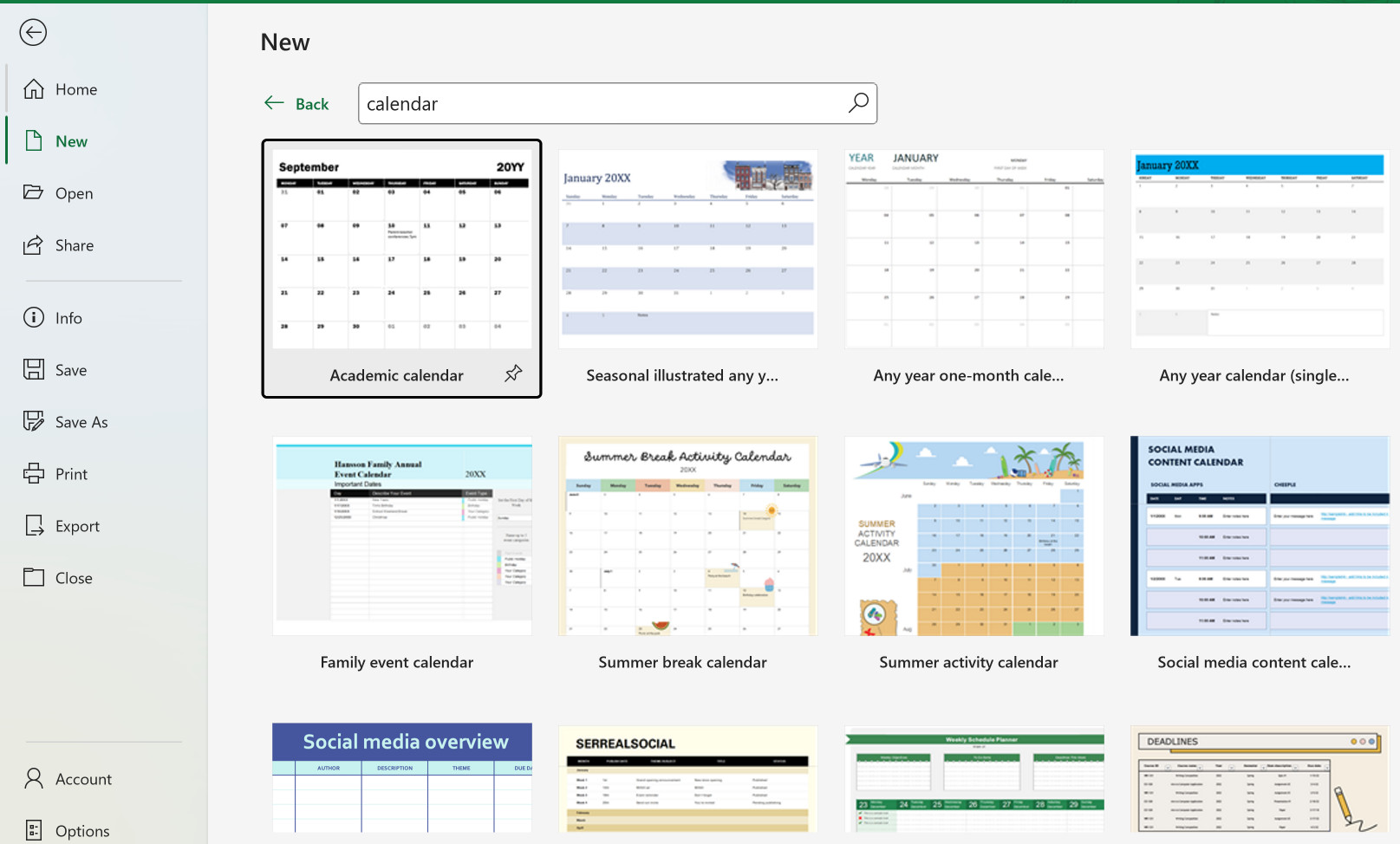 Excel template gallery showing calendar search results