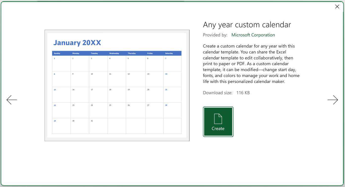 Monthly calendar template preview with the Create button