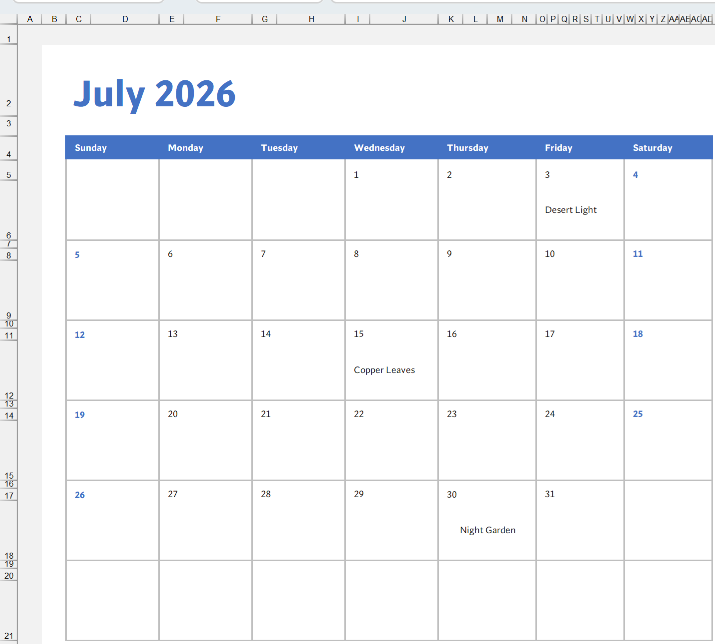 Completed July 2026 calendar template with gallery exhibit dates