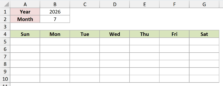 Calendar setup with year 2026, month 7, and Sunday-through-Saturday headers