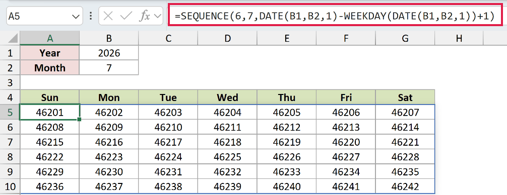 SEQUENCE formula in A5 spilling a six-row by seven-column calendar grid as Excel date serial numbers