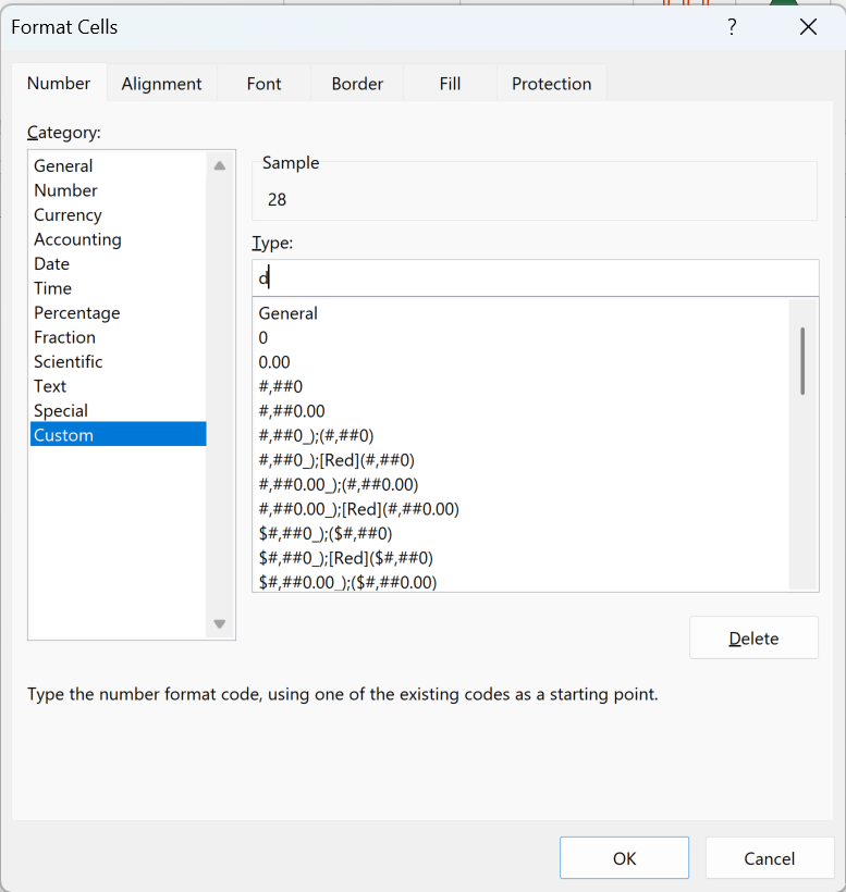 Format Cells dialog using the custom date format d