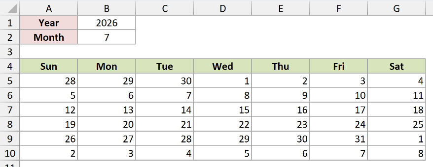 Formula-driven July 2026 calendar showing day numbers under the correct weekdays