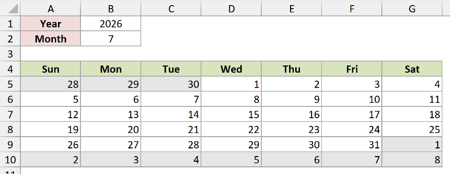 July 2026 calendar with dates outside the selected month shaded light gray