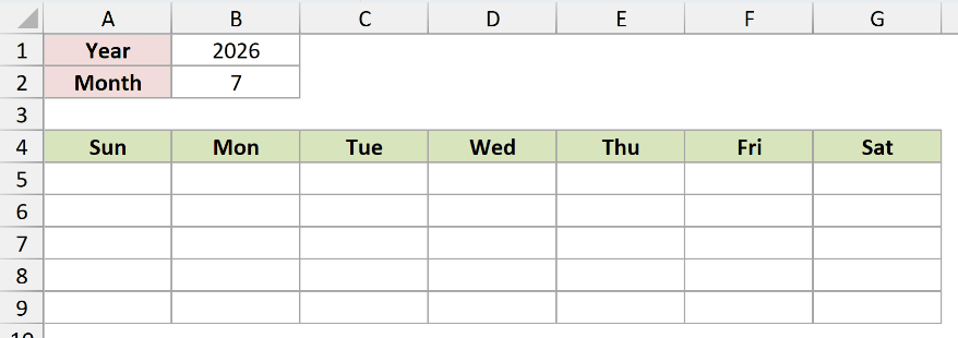 Blank calendar layout with year, month, and weekday headers ready for the macro