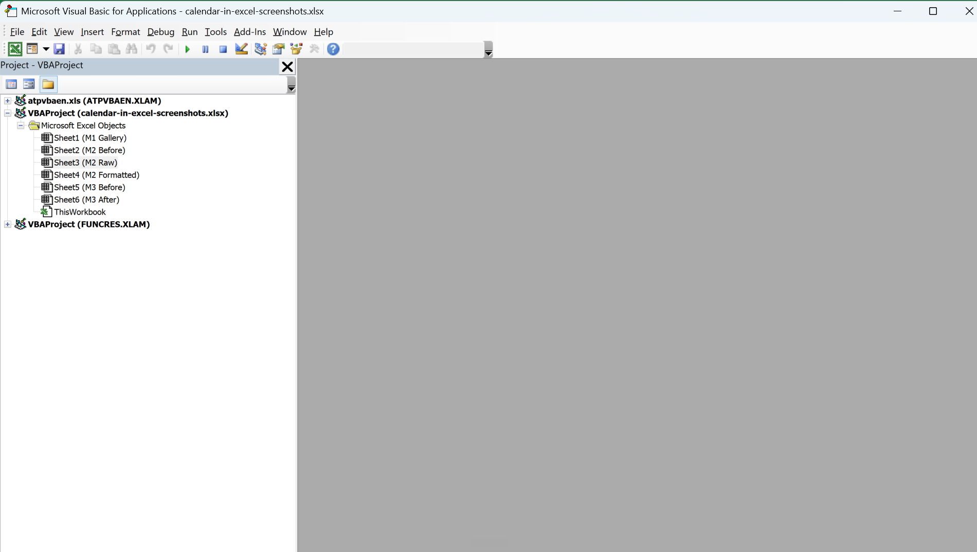 Visual Basic Editor opened from the calendar workbook
