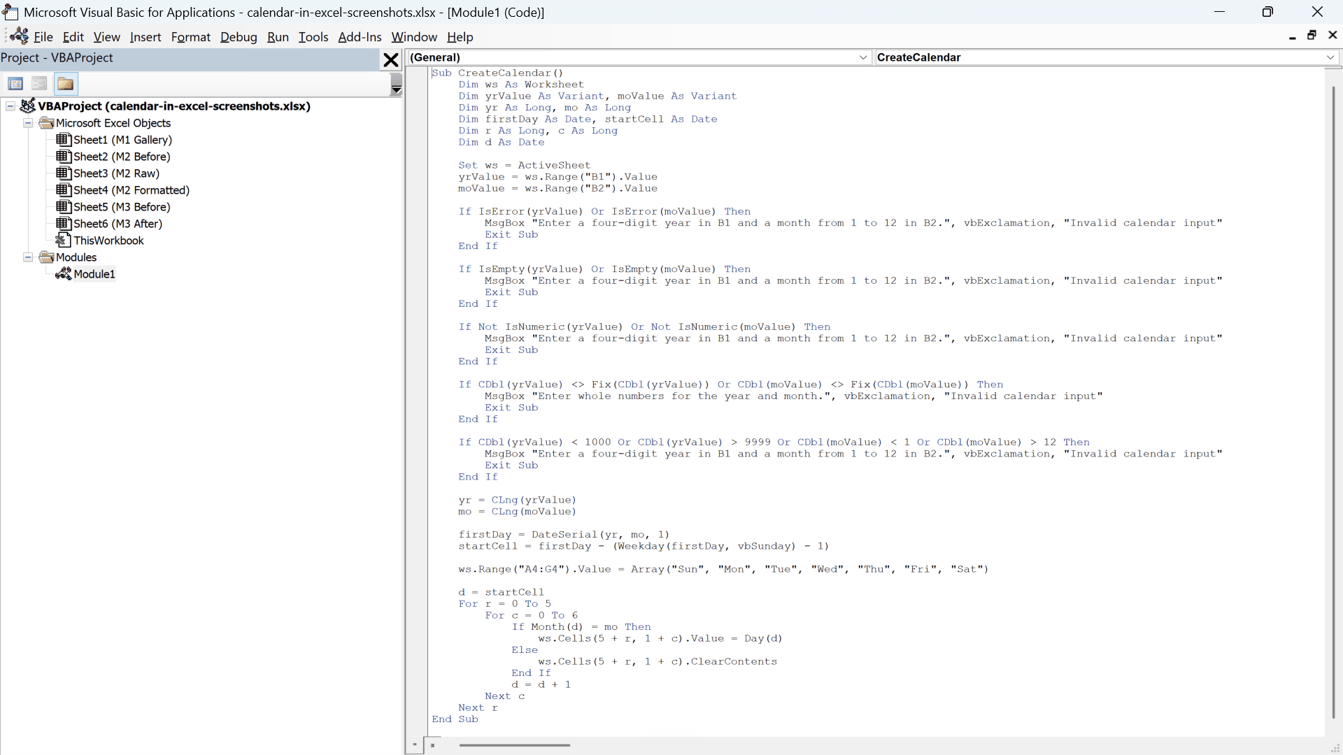 Visual Basic Editor containing the complete CreateCalendar macro