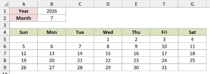 July 2026 calendar grid filled by the VBA macro
