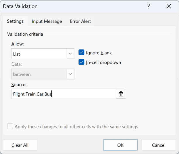 Allow set to List with Flight,Train,Car,Bus typed in the Source box.