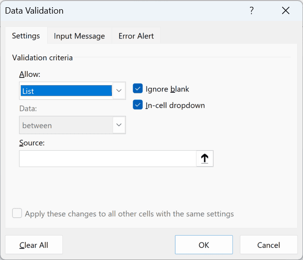 Data Validation with Allow set to List for the Department cells.