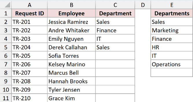 Travel requests with a Department column and the department list in E1:E7.
