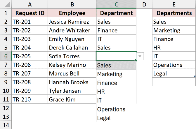 The Department drop-down now listing seven departments, including Legal.