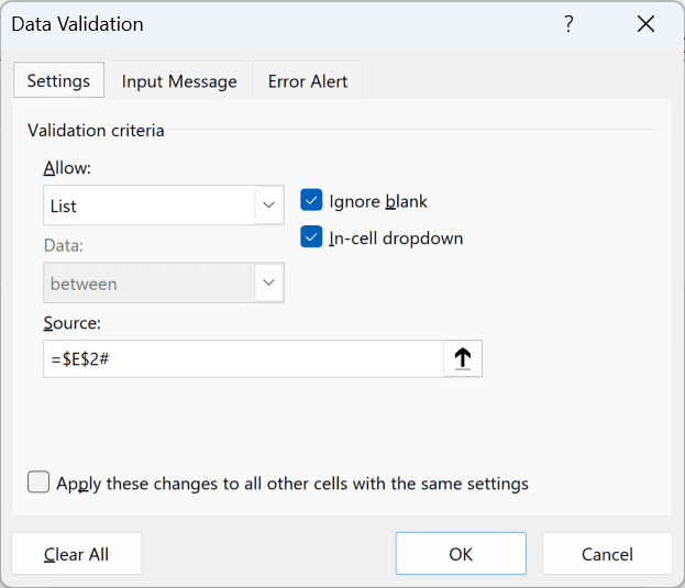 Data Validation for H2 with the spill reference =$E$2# as the Source.