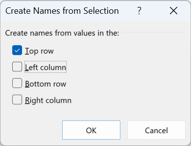 Create Names from Selection with only Top row checked for F1:H4.