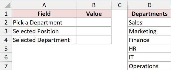 A Pick a Department card next to the list of six departments in D2:D7.
